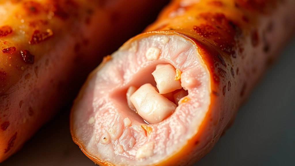 detail: close-up of golden-brown cooked sausage link cross-section showing the pink interior meat and visible fat pieces, photorealistic, bright natural light, no text