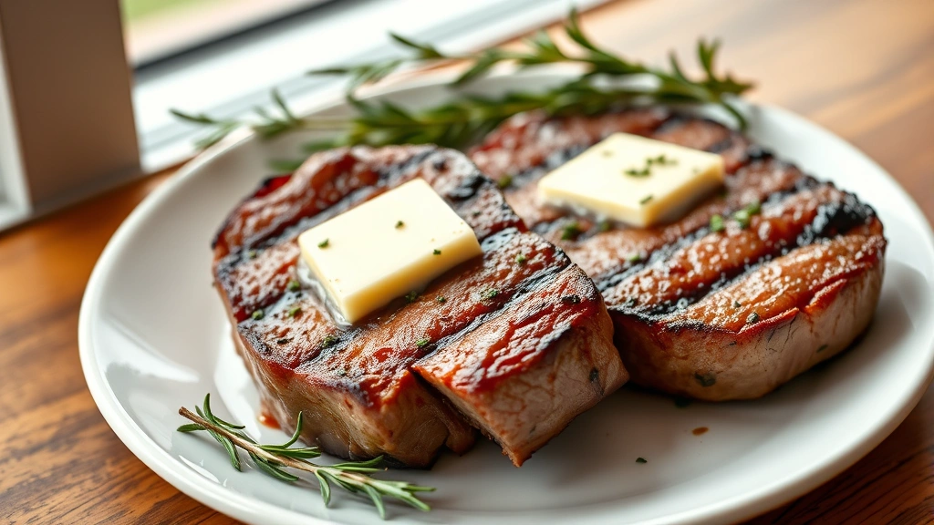 hero: two perfectly seared venison steaks with herb butter melting on top, resting on a white ceramic plate, fresh rosemary and thyme garnish, natural window light, warm tones, photorealistic, no text