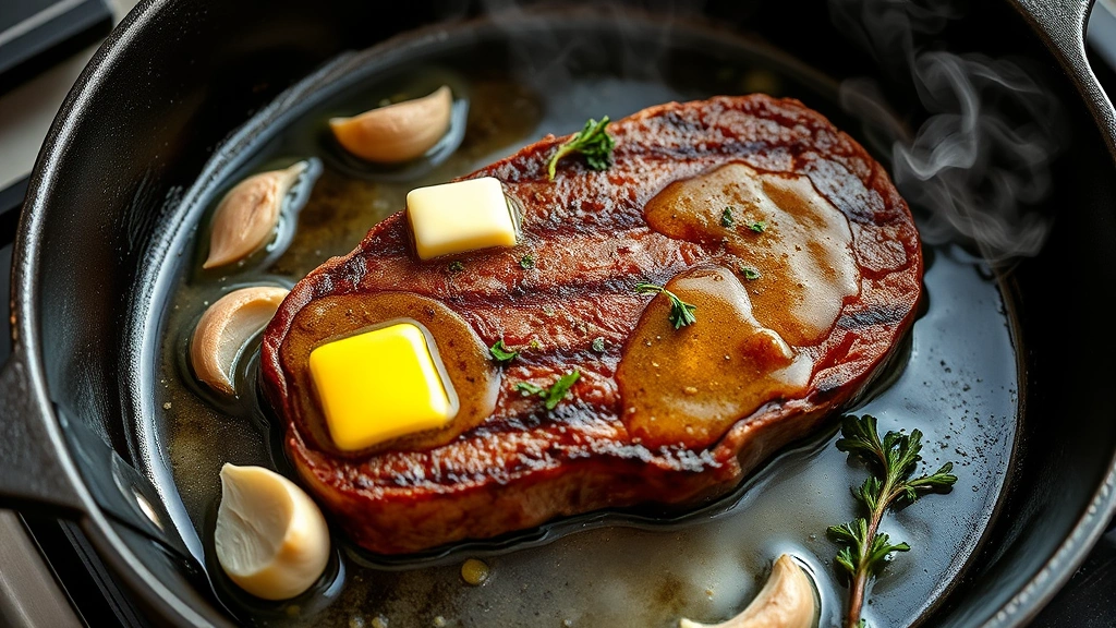 process: cast iron skillet with sizzling venison steak being basted with golden butter and aromatics, garlic cloves and fresh herbs visible, steam rising, photorealistic, natural light, no text