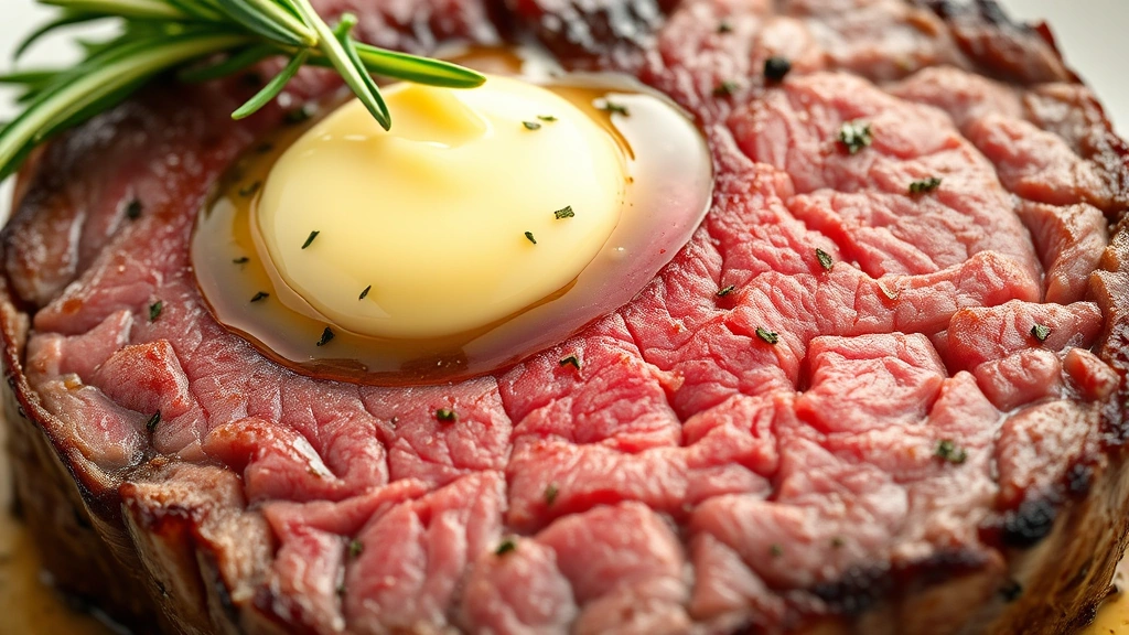 detail: close-up cross-section of cooked venison steak showing perfect medium pink center, herb butter pooling on top, rosemary sprig garnish, photorealistic, natural light, no text
