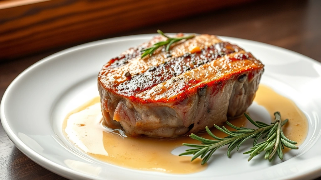hero: perfectly seared venison steak with golden crust, resting on white plate with pan sauce drizzled around it, garnished with fresh rosemary sprig and thyme, photorealistic, natural window light, no text