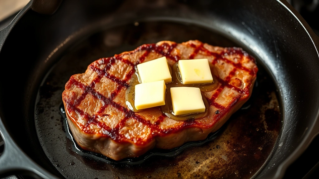 process: cast iron skillet with venison steak searing, butter and garlic cloves basting the meat, visible steam rising, golden brown crust forming, photorealistic, natural light, no text