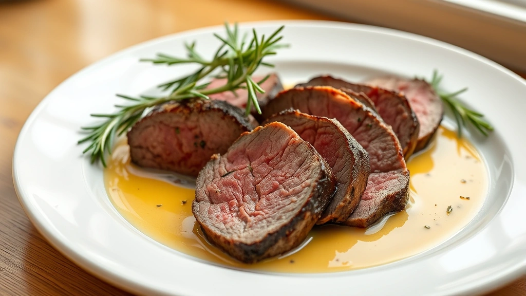 hero: sliced venison tenderloin on white plate with herb butter sauce and fresh rosemary garnish, photorealistic, natural window light, no text