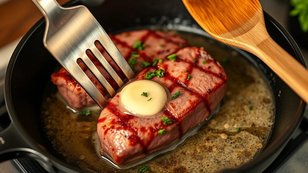 process: venison tenderloin being basted in cast iron skillet with melted butter and fresh herbs, photorealistic, warm kitchen lighting, no text