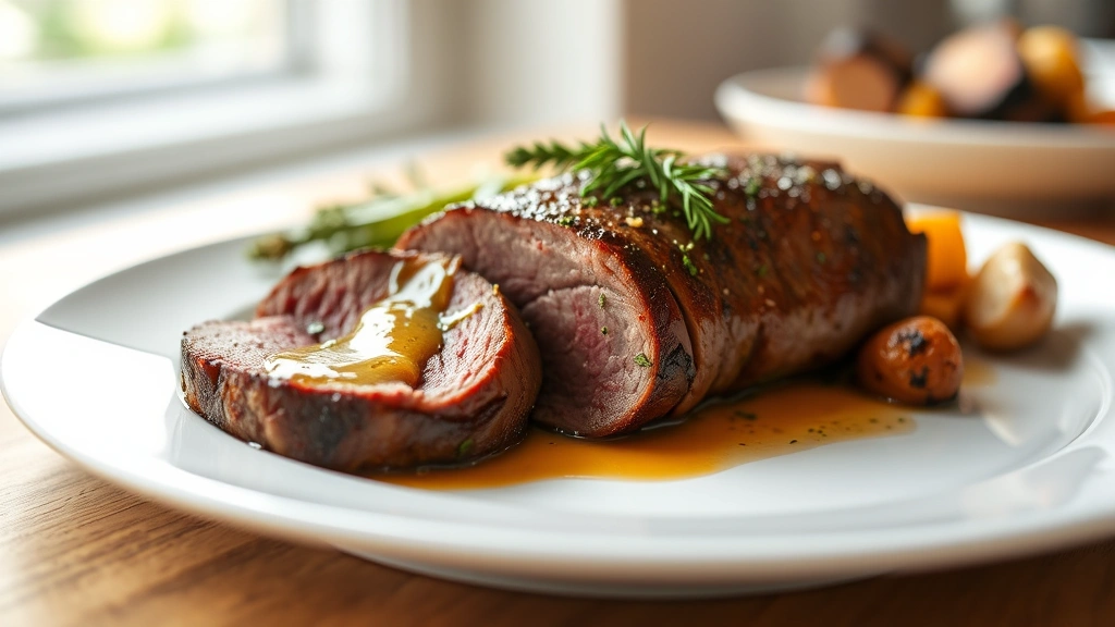 hero: perfectly sliced venison tenderloin with herb butter glaze on white plate, roasted vegetables, soft natural window light, shallow depth of field