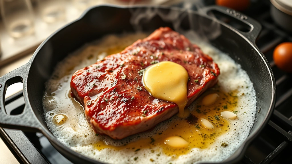 process: cast iron skillet with venison being basted with foaming herb butter and garlic, smoke rising, warm kitchen lighting