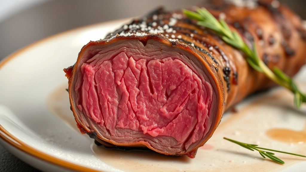 detail: close-up cross-section of venison tenderloin showing perfect medium-rare pink center with golden crust, plated with fleur de sel garnish
