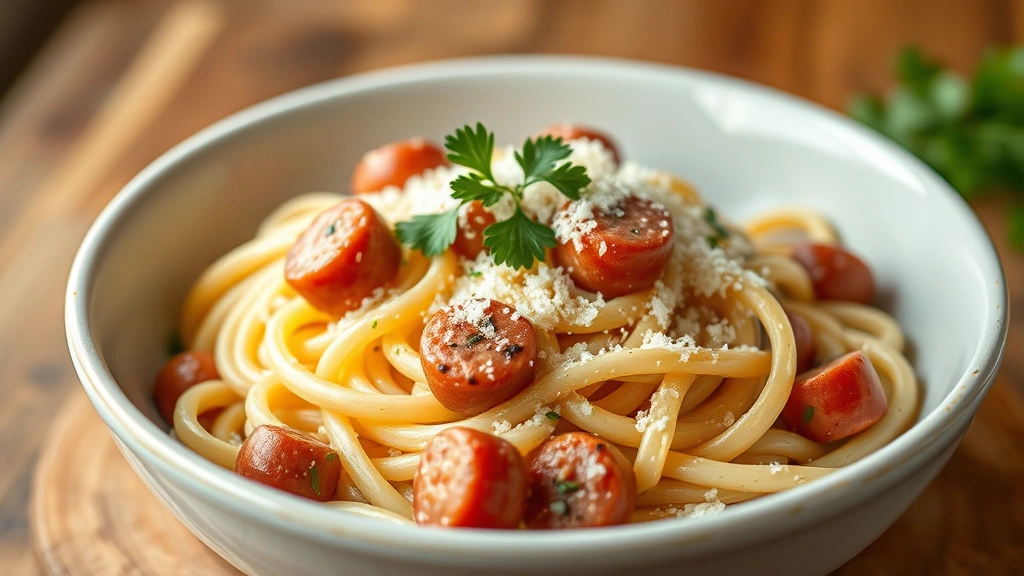 hero: steaming bowl of Vienna sausage pasta with creamy sauce, fresh parsley garnish, and grated Parmesan cheese on top, photorealistic, warm natural lighting, shallow depth of field, no text