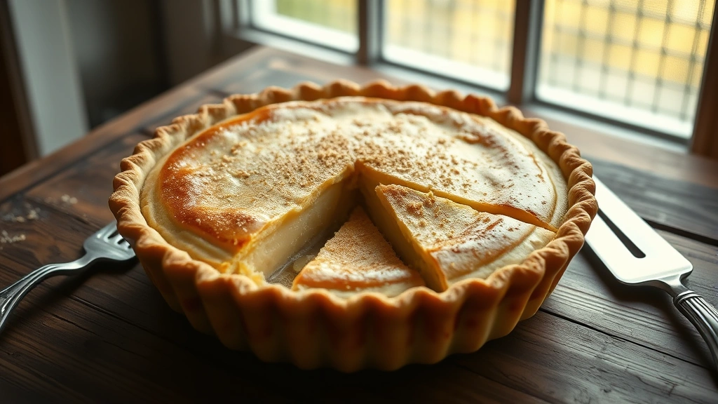 hero: Golden-brown vinegar pie with slightly crackled top surface, dusted with nutmeg, placed on a rustic wooden table with soft natural window light streaming across, a slice removed showing creamy custard-like filling, vintage pie server nearby, photorealistic, no text