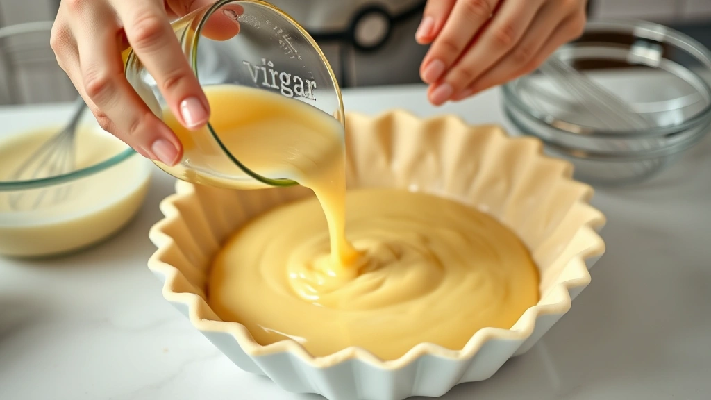 process: Pouring smooth creamy vinegar filling into unbaked pie crust, hands visible, mixing bowl and whisk in background, bright kitchen lighting, photorealistic, no text