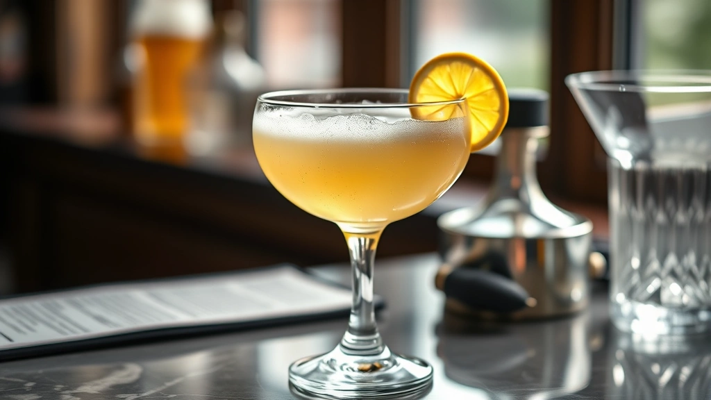hero: perfectly balanced vodka sour cocktail in a chilled coupe glass with lemon twist garnish and delicate foam, photorealistic, natural window light, elegant barware in soft focus background, no text