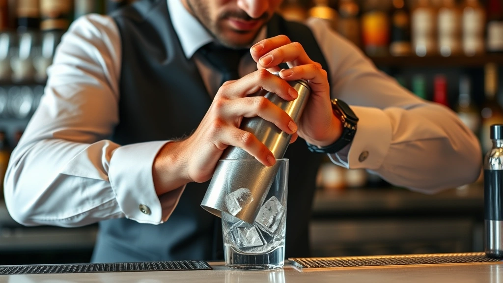 process: bartender vigorously shaking cocktail shaker with ice, professional bar setting, photorealistic, natural light, mid-shake action, no text