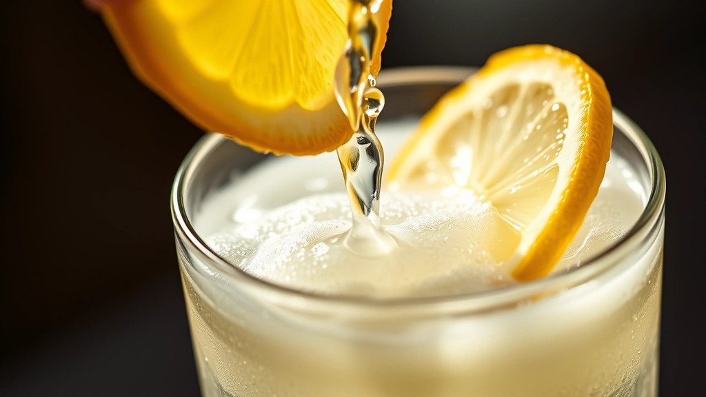 detail: close-up of lemon twist being expressed over cocktail, oils misting in light, silky foam top visible, photorealistic, macro photography, natural light, no text