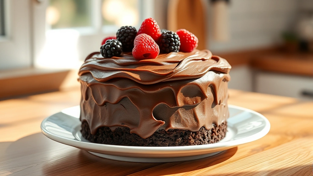 hero: chocolate wacky cake on white plate, perfectly frosted with chocolate frosting, fresh berries on top, natural window light, warm shadows, preppy kitchen aesthetic