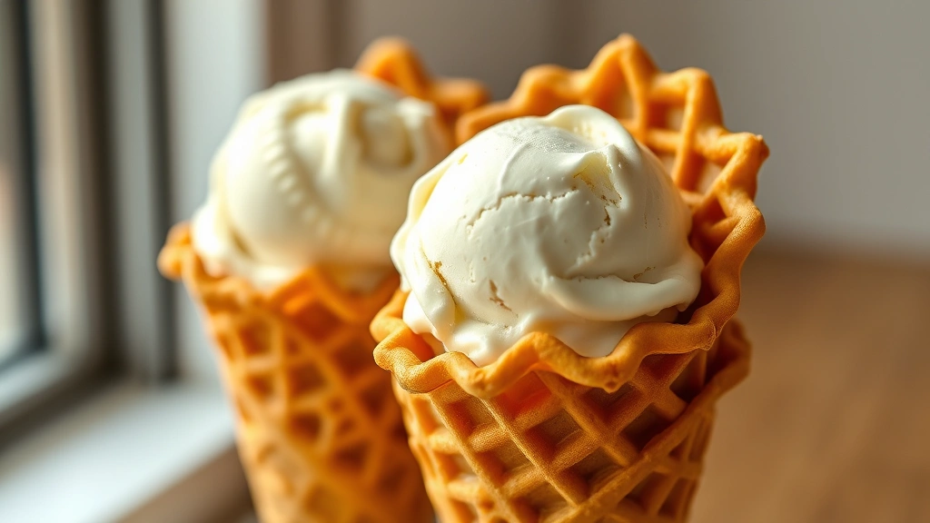 hero: golden-brown homemade waffle cones stacked together filled with vanilla and chocolate ice cream, photorealistic, natural window light, no text, shallow depth of field