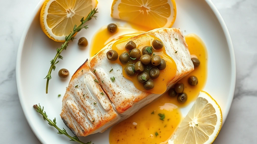 hero: perfectly seared wahoo fillet topped with lemon-caper-herb sauce and fresh thyme, served on white ceramic plate with lemon wedges, photorealistic, natural window light, no text, overhead angle