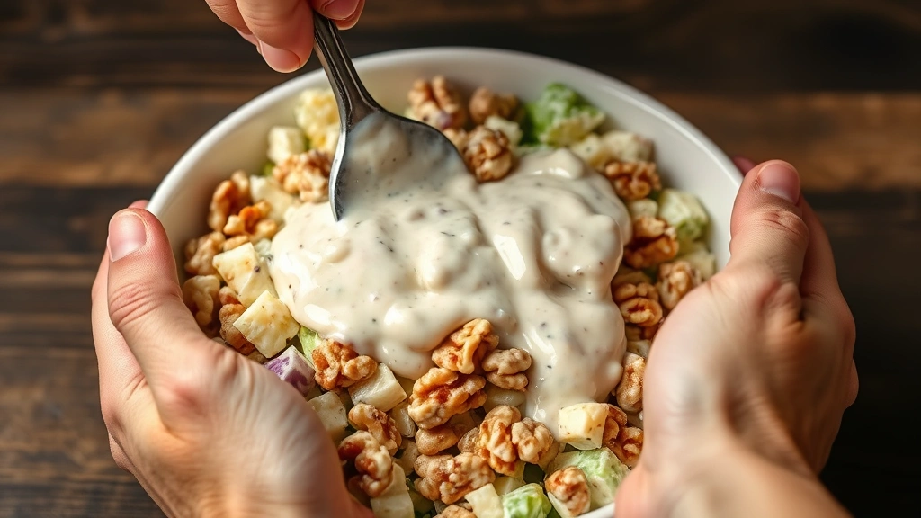 process: hands folding walnuts into Waldorf salad mixture, photorealistic, natural light, showing creamy dressing coating ingredients, no text