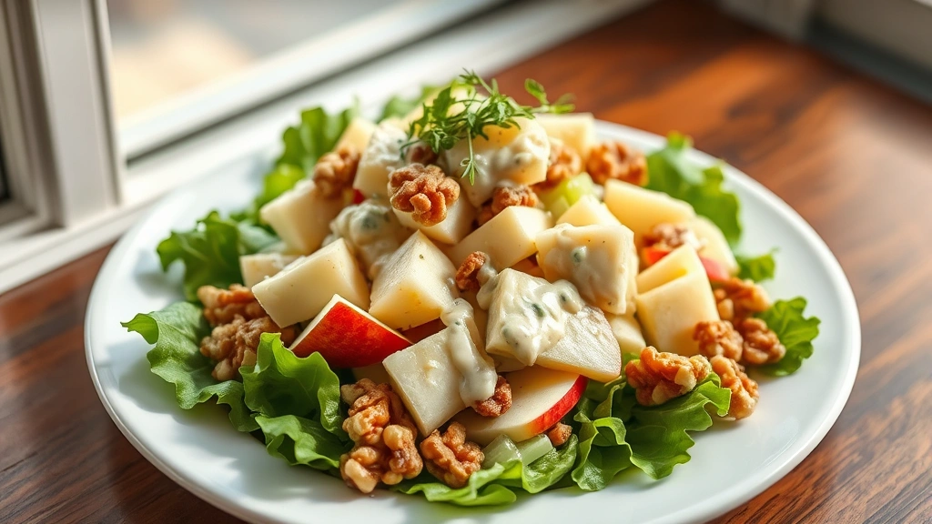 hero: Waldorf Salad served on white plate with lettuce base, showing crisp apple pieces, celery, and walnuts with creamy dressing, garnished with fresh tarragon, natural window light, soft shadows, no text