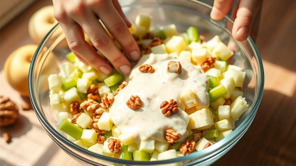 process: hands gently folding together diced apples, celery, and walnuts in large glass bowl with creamy dressing, natural sunlight streaming in, no text