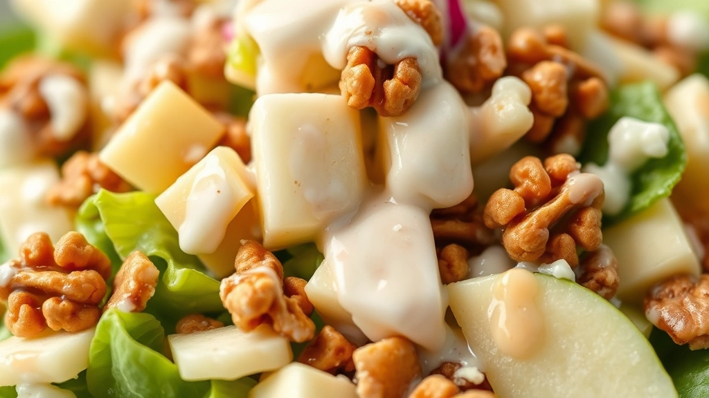 detail: close-up of Waldorf Salad showing texture of apples, walnuts, and creamy dressing coating ingredients, macro photography style, natural light, no text