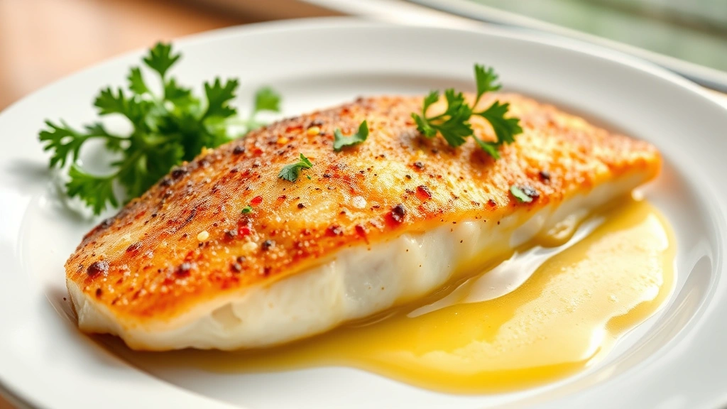 hero: golden pan-seared walleye fillet with lemon butter sauce and fresh parsley on white plate, natural window light, no text