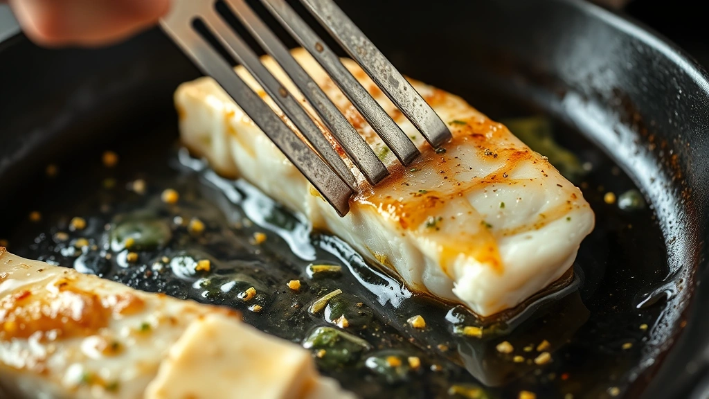 process: walleye fillet being carefully flipped in sizzling skillet with butter and garlic, close action shot, natural light, no text