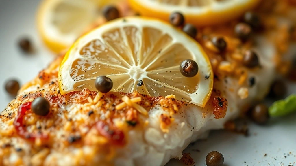 detail: close-up of crispy golden walleye crust with lemon slices and capers on top, shallow depth of field, natural light, no text