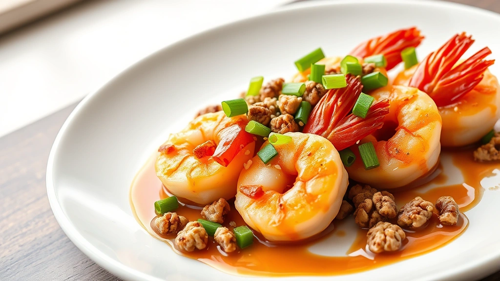 hero: plated walnut shrimp with crispy candied walnuts, tender pink shrimp, drizzled with sauce, garnished with green onions and sesame seeds, on white plate, photorealistic, natural soft window light, no text