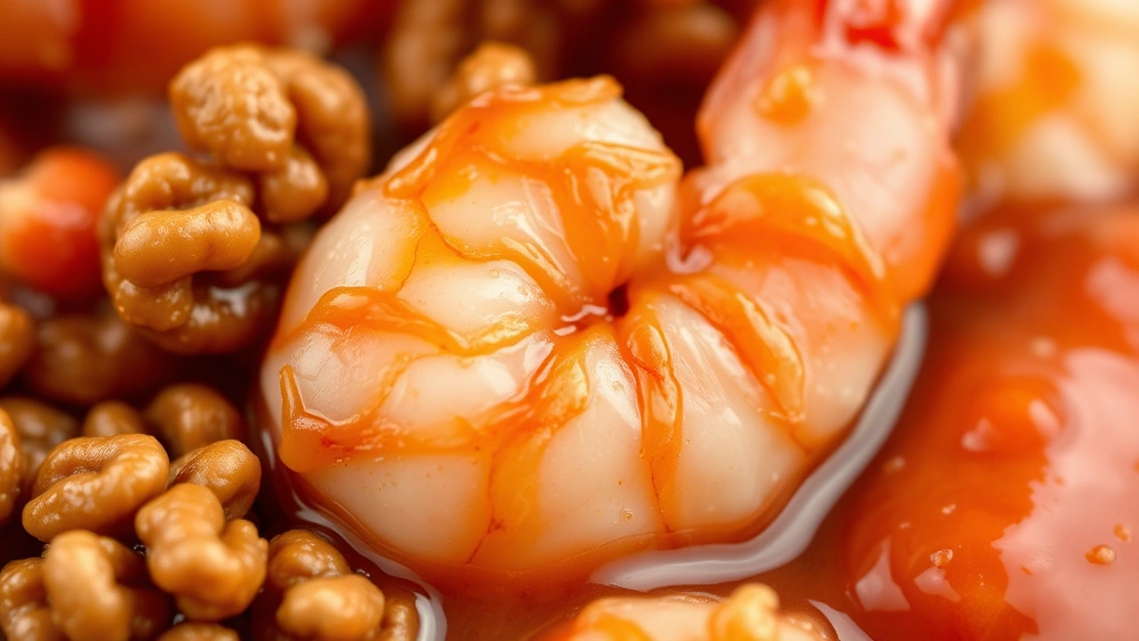 detail: close-up of crispy candied walnut coated around pink cooked shrimp, showing texture contrast and gloss of sauce, photorealistic, natural macro light, no text