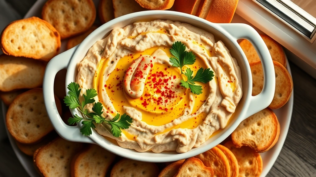 hero: warm crab dip in white ceramic baking dish, garnished with fresh parsley and paprika, surrounded by crusty bread and crackers, golden lighting from window, overhead flat lay shot, no text or watermarks