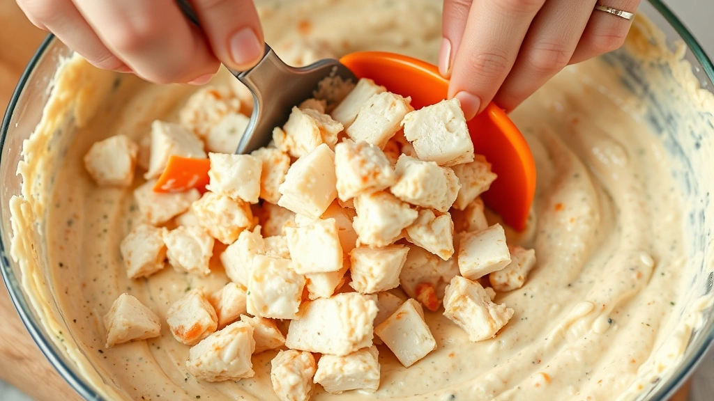 process: hands folding fresh lump crab meat into creamy mixture with rubber spatula, close-up action shot, natural daylight from side, showing texture and ingredients clearly, no text