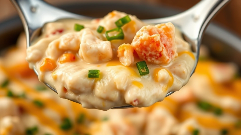 detail: close-up spoonful of creamy warm crab dip with visible crab chunks, melted cheese, and fresh herb garnish, shallow depth of field, warm natural lighting, appetizing golden tones, no text