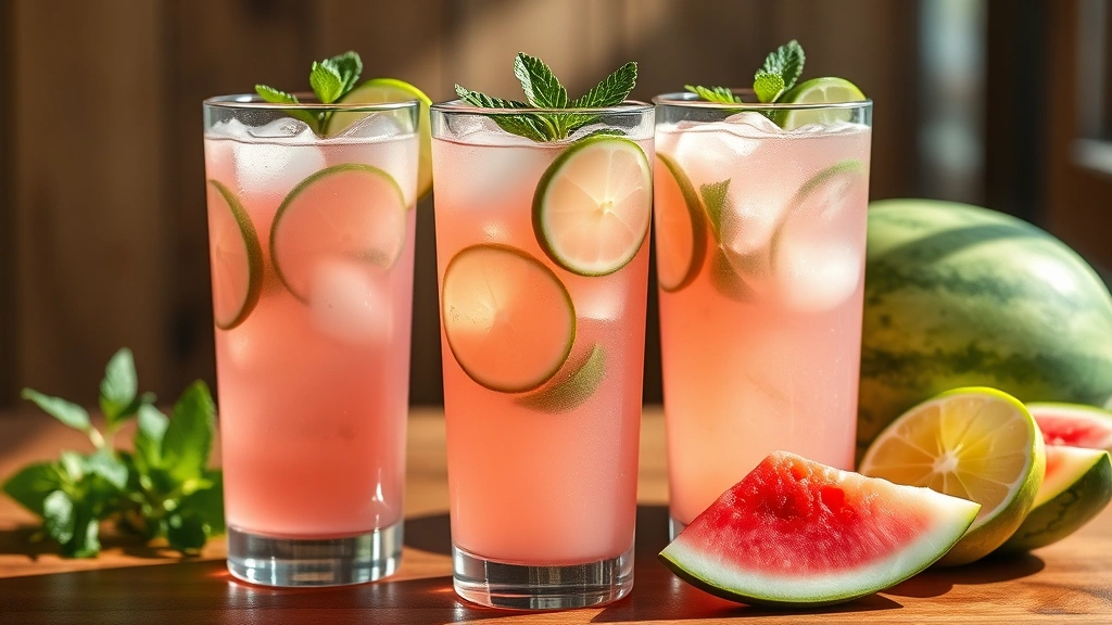 hero: tall glasses filled with pale pink watermelon agua fresca, garnished with fresh mint sprigs and lime wheels, condensation on glass, ice cubes visible, natural sunlight streaming through, wooden table background, fresh watermelon wedges nearby, photorealistic, no text