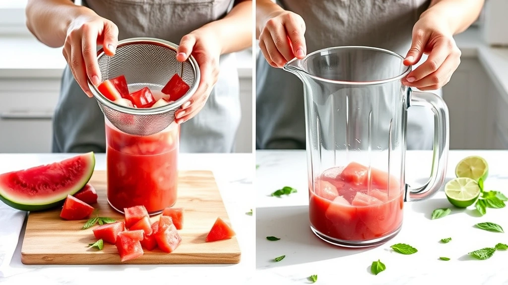 process: hands pouring blended watermelon through fine mesh strainer into large pitcher, watermelon chunks on cutting board, fresh lime halves nearby, mint leaves scattered, bright kitchen counter, natural window light, photorealistic, no text