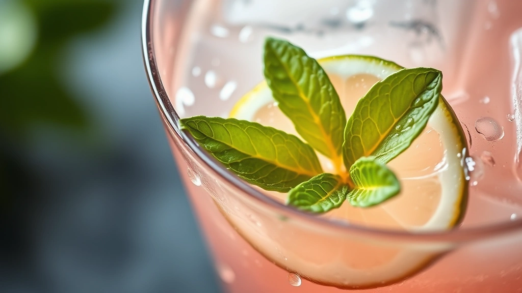 detail: close-up of condensation droplets on cold glass of agua fresca, lime wheel and mint leaf garnish in sharp focus, pale pink liquid, ice cubes, natural light reflection, photorealistic, no text