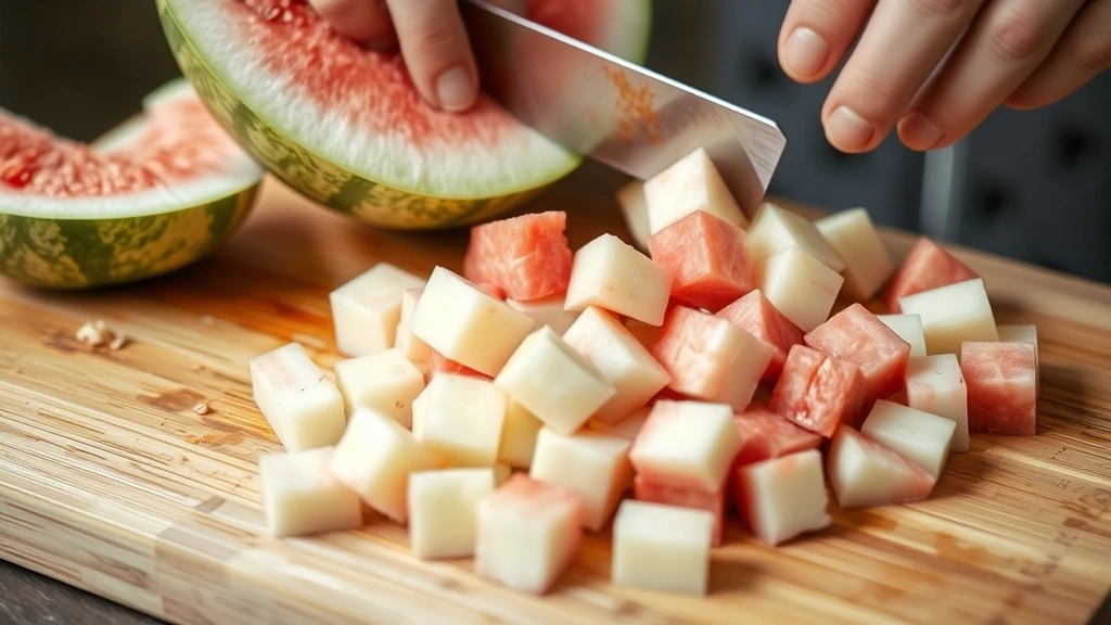 process: watermelon rind being cut into cubes on wooden cutting board with sharp knife, pale green and white rind visible, natural daylight, photorealistic, no text