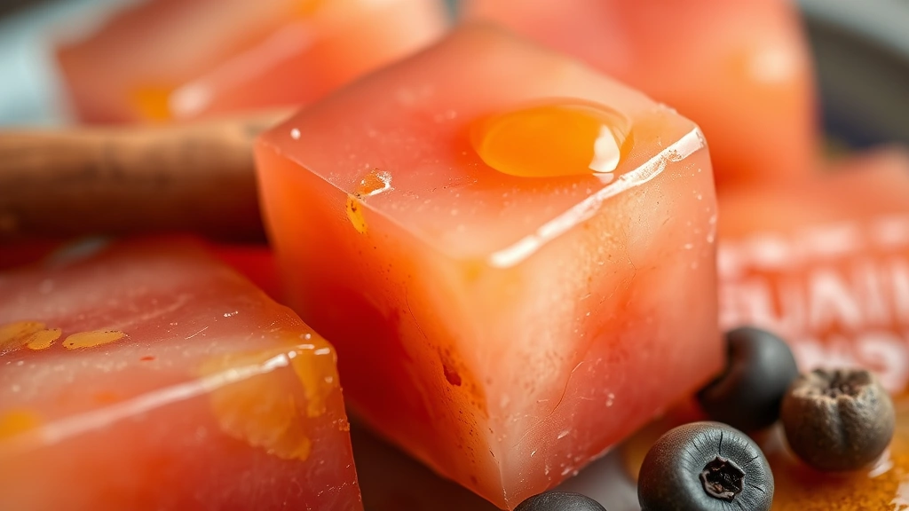 detail: close-up macro shot of single watermelon rind pickle cube showing texture and translucency, golden vinegar coating, cinnamon stick and peppercorns, shallow depth of field, photorealistic, no text