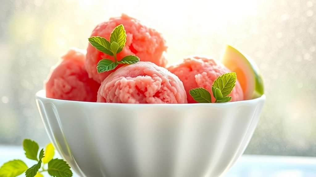 hero: beautiful scoops of pink watermelon sorbet in a white ceramic bowl, garnished with fresh mint and lime wedge, bright natural sunlight streaming across frosted glass background, condensation on bowl, vibrant summer aesthetic, photorealistic, no text