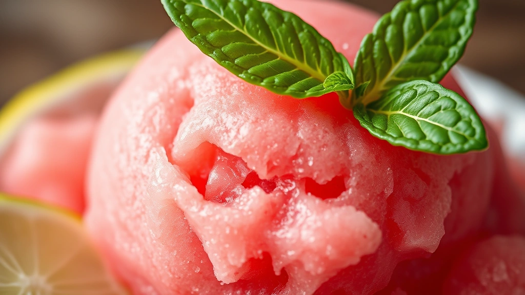 detail: close-up macro of a single scoop of smooth pink watermelon sorbet showing crystalline texture, melting slightly, with fresh mint leaf on top and lime wedge beside, shallow depth of field, photorealistic, no text