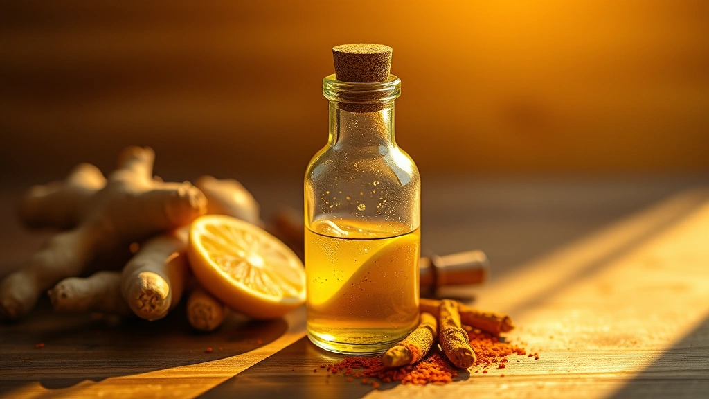 hero: golden wellness shot in small glass bottle with ginger, lemon, and turmeric visible, photorealistic, warm natural morning light, wooden surface background, no text