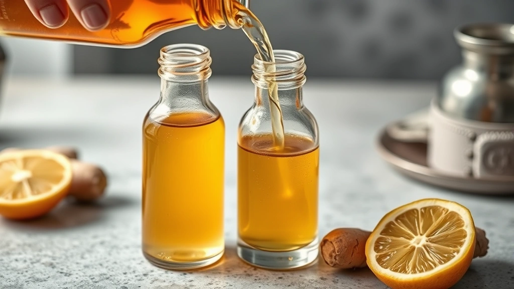 detail: close-up of strained wellness shot being poured into small glass bottles, golden liquid, fresh ginger slices and citrus nearby, photorealistic, natural light, no text