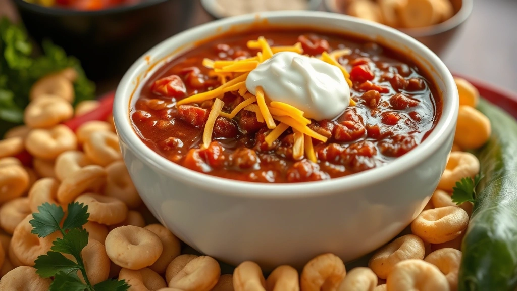hero: steaming bowl of Wendy's-style chili topped with shredded cheddar cheese and sour cream, surrounded by oyster crackers and fresh ingredients, photorealistic, warm natural lighting, close-up, no text