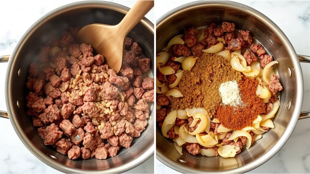 process: ground beef being browned in large pot, onions and garlic sautéing, spices being stirred in, photorealistic, bright kitchen lighting, overhead angle, no text