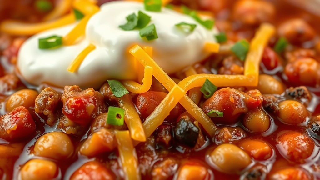 detail: extreme close-up of chili texture showing beans, ground beef, tomato sauce, and toppings, melting cheese and sour cream, photorealistic, macro photography, natural warm lighting, no text