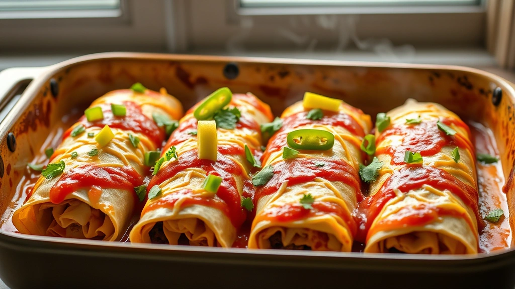 hero: four wet burritos in baking dish covered with melted cheese and red enchilada sauce, garnished with fresh cilantro and jalapeños, warm steam rising, natural window lighting, shallow depth of field, food photography style