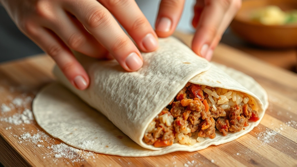 process: hands rolling flour tortilla filled with seasoned ground beef and rice, close-up action shot, natural daylight, showing proper burrito rolling technique, professional food styling