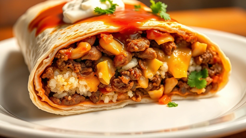 detail: cross-section of wet burrito showing layers of tortilla, seasoned beef, refried beans, rice, melted cheese, and sauce, placed on white plate, garnished with sour cream and cilantro, macro photography, warm natural light