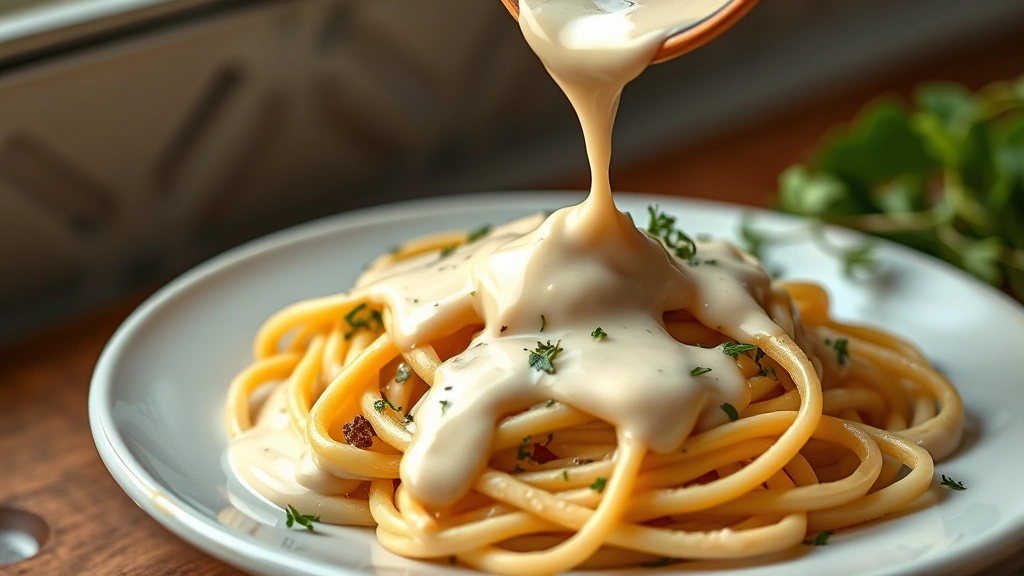 hero: silky smooth wheat cream sauce drizzled over fresh pasta with herbs, photorealistic, natural window light, no text