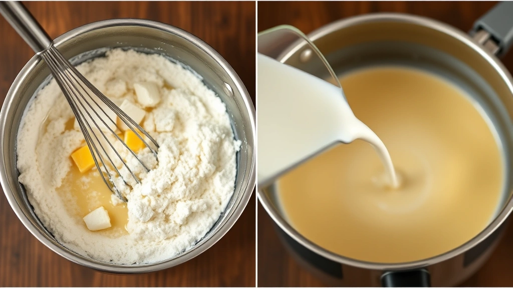 process: whisking flour and butter roux in saucepan, warm milk being poured in slowly, photorealistic, natural kitchen light, no text
