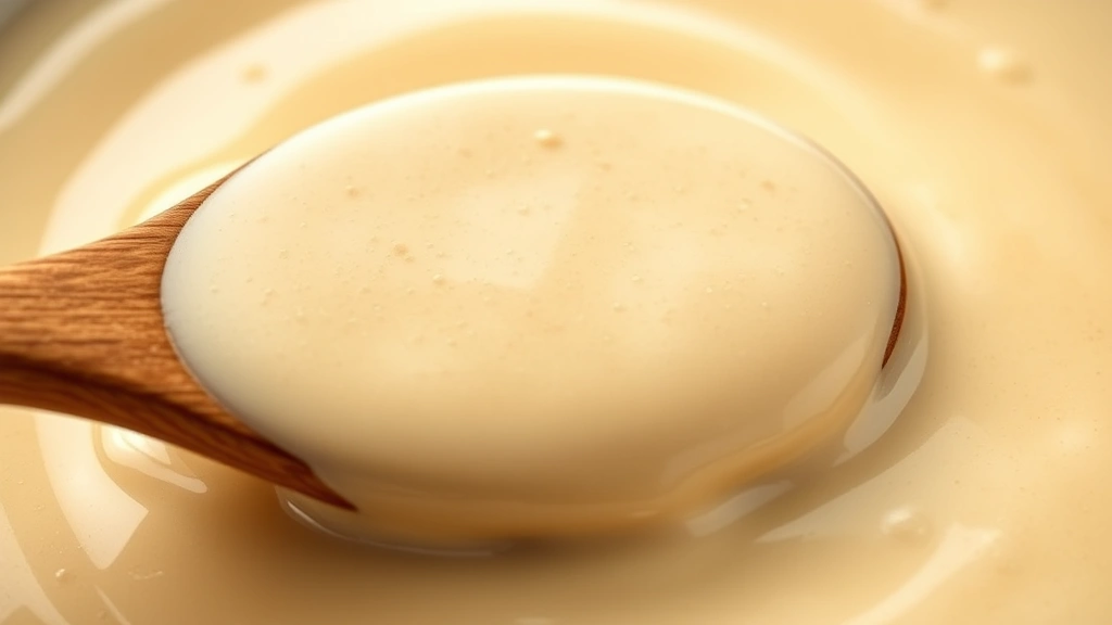 detail: close-up of creamy sauce coating a wooden spoon, smooth luxurious texture, photorealistic, natural light, no text